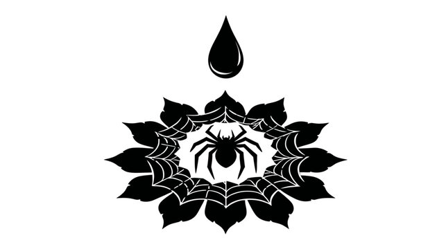 Black and white illustration of a spider in a flower, surrounded by a web and a teardrop