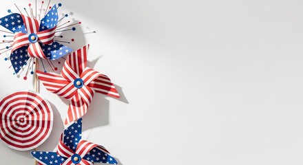 Obraz premium Patriotic american flag banners and fireworks on white background for independence day celebrations