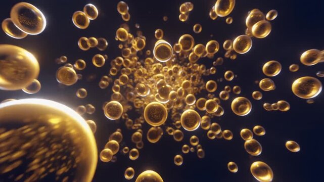 Sapphire Gold Bubble Stream Tunnel Platinum Edges Seamless Loop Abstract Floating Particles Playful Corporate Background 8K