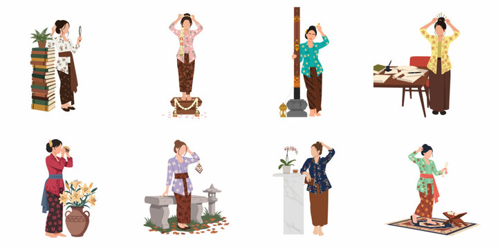 Illustrations of Indonesian women in traditional Kebaya and Batik performing various activities, celebrating cultural heritage and the spirit of Kartini Day.