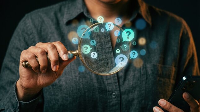 Curious person using magnifying glass to find answer 