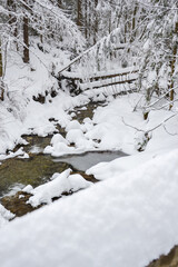 Naklejka premium Winter Mountain Stream Flowing Through Snowy Forest Landscape