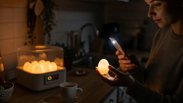 Young Caucasian woman candling a chicken egg with a smartphone flashlight near a home incubator