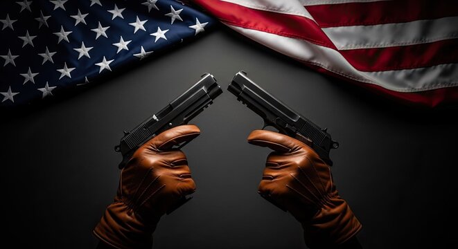 Patriotic handguns and american flag background symbolizing freedom and protection