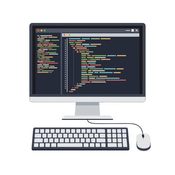 Desktop computer displaying code with keyboard and mouse on workspace