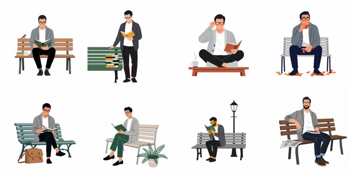 Collection of flat vector illustrations depicting men reading books, studying, and relaxing on park benches, isolated on a white background.