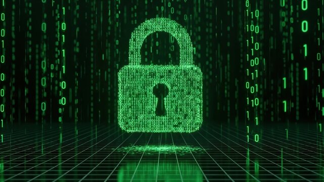 Secure digital padlock icon with binary code for quantum cryptography and cyber security