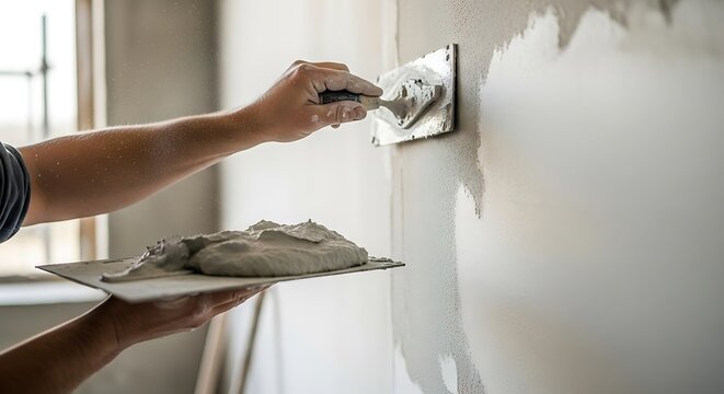 Application of decorative plaster on the wall, professional craftsmanship