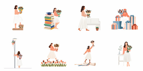 Fototapeta premium Set of flat illustrations showing a young woman celebrating graduation with chocolate bouquets, books, and gift boxes in various scenes.