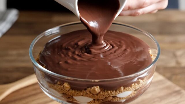 Pouring melted chocolate over biscuit crumbs in glass bowl