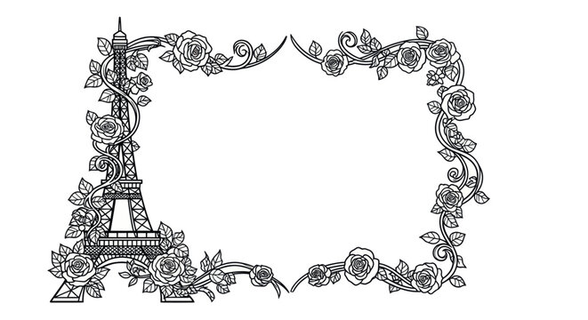 Eiffel Tower floral frame design, romantic Paris border with roses, vintage illustration