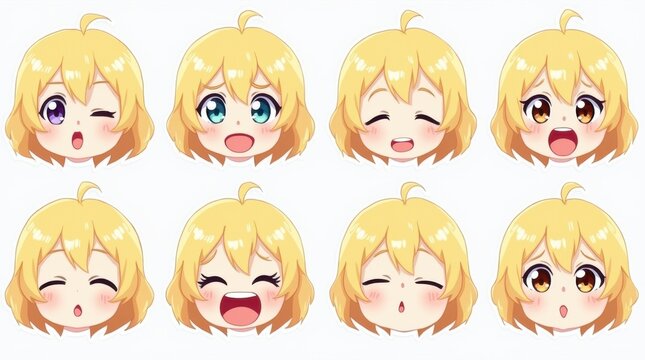 Cute anime girl expression sheet with 8 cheerful headshots on white background, vibrant sticker pack layout with playful kawaii emotions

