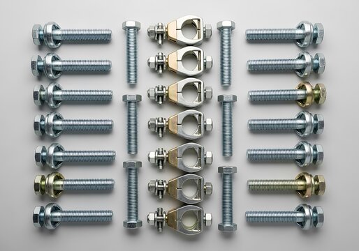 Assorted metal bolts and turnbuckles arranged on a gray surface