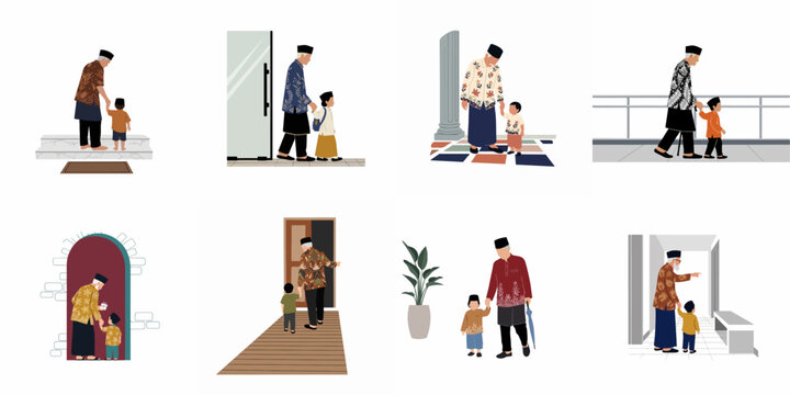 A collection of illustrations featuring a Muslim grandfather and grandson bonding during traditional festivities like Hari Raya and Eid celebrations.