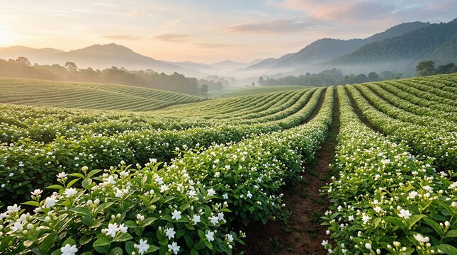 Lush rolling hills covered in white blooming jasmine fields at sunrise with a soft misty haze creating a serene natural landscape