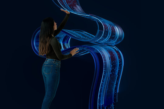 3D data ribbon reach pose with woman under luminous curve