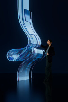 3D innovation pillar contact scene with woman and data loop