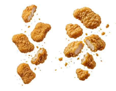 Large Collection of Flying and Falling Chicken Nuggets with Crumbs Isolated on Transparent Background