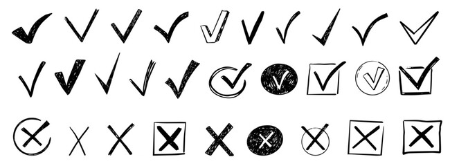 Check mark crayon scribble doodle, chalk texture, checkmark and red cross icon set, circle and square. Tick symbol. sketch checkboxes. © Alyona