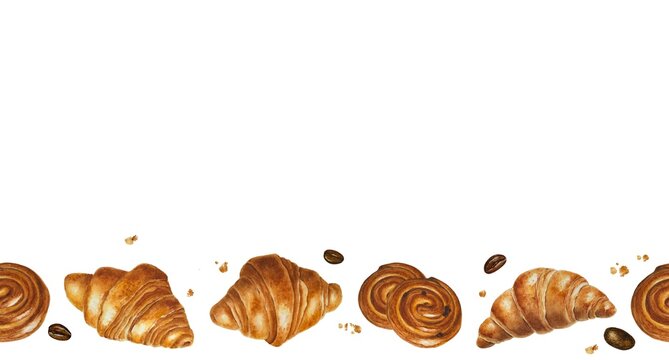 Watercolor bakery seamless border with croissants