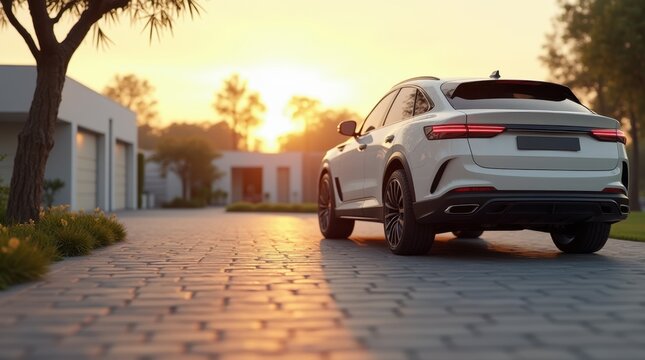 Low-angle rear-quarter view of a white luxury SUV on stone driveway at modern villa, glowing in warm golden hour light with premium lifestyle appeal

