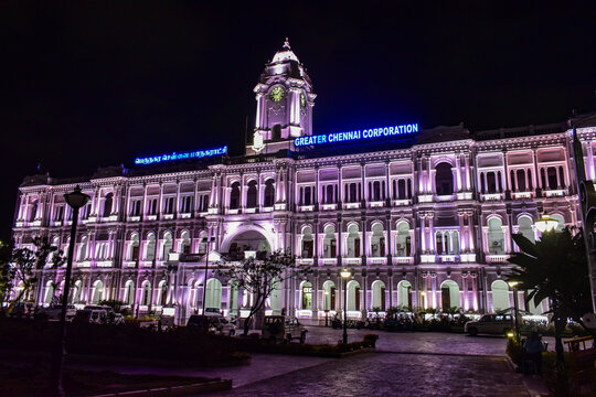 Chennai, Tamilnadu, India - February 13, 2026: Ripon Building lit up at night, a historic landmark of Chennai reflecting architectural beauty and the spirit of the city