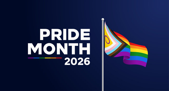 2026 Pride Month banner, progress pride flag background