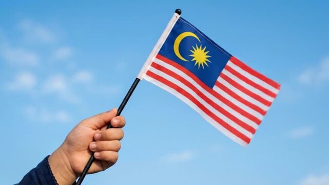 Hand Holding Malaysia Flag Against Blue Sky - Patriotic Concept