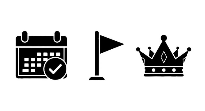 Vector illustration&nbsp;of calendar with check mark, flag icon, and crown icon set on a transparent background