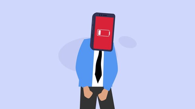 Burned Out Businessman with Low Battery Smartphone Head cartoon animation
