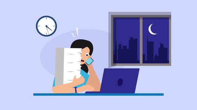 Stressed Businesswoman Working Late in Office with Paperwork Overload and Night City View cartoon animation