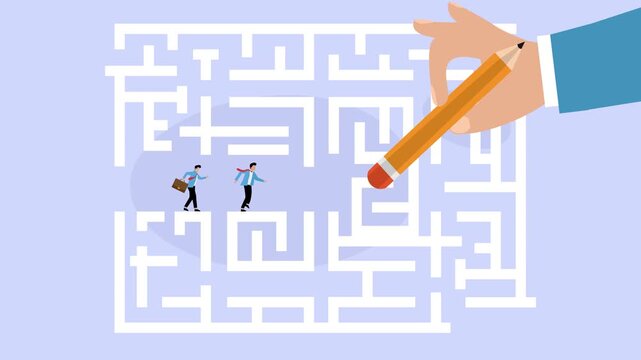 Giant Hand Erasing Path Through Maze for Businessmen Representing Strategy and Problem Solving cartoon animation