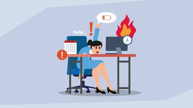Exhausted Businesswoman Collapsed at Desk with Low Battery and Deadline Stress cartoon animation
