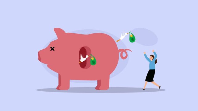 Empty Piggy Bank and Loss of Savings Concept with Storks Carrying Away Money Bags cartoon animation