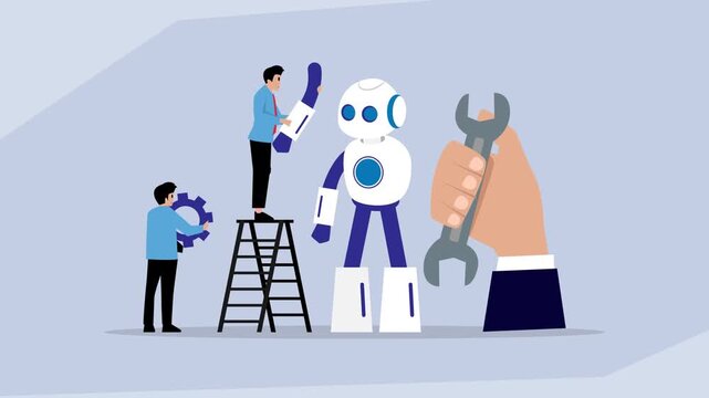 Team of Engineers and Technicians Maintaining and Repairing Artificial Intelligence Robo cartoon animation