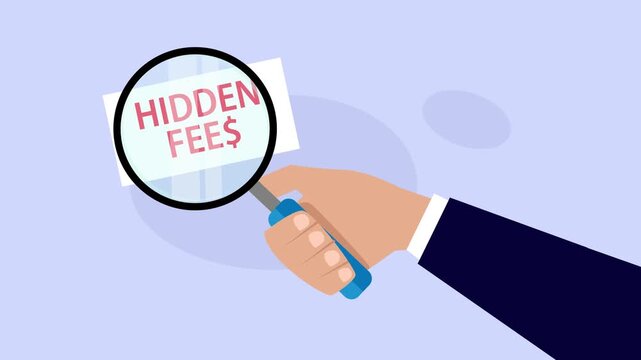 Magnifying Glass Revealing Hidden Fees and Secret Costs in Financial Document cartoon animation