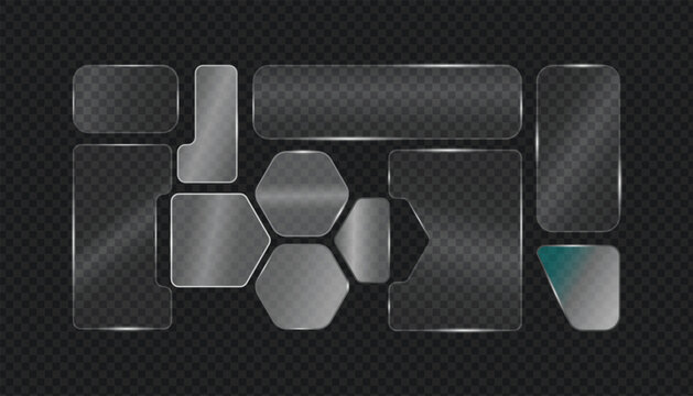 Transparent glass effect UI design elements vector pack, Modern frosted glass morphism shapes for digital interface design.
