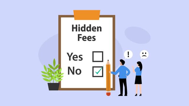 Business People Selecting No Hidden Fees on Checklist for Financial Transparency cartoon animation