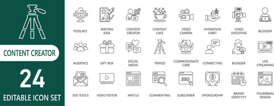 Content creator outline icons for video ,microphone, multimedia,  marketing,  audience, creation,  workflow and more icon