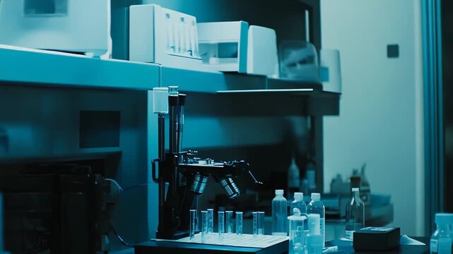 Laboratory automation system conducting analysis on multiple test tubes and vials, focusing on medical diagnostics and scientific discovery in a clean and sterile environment