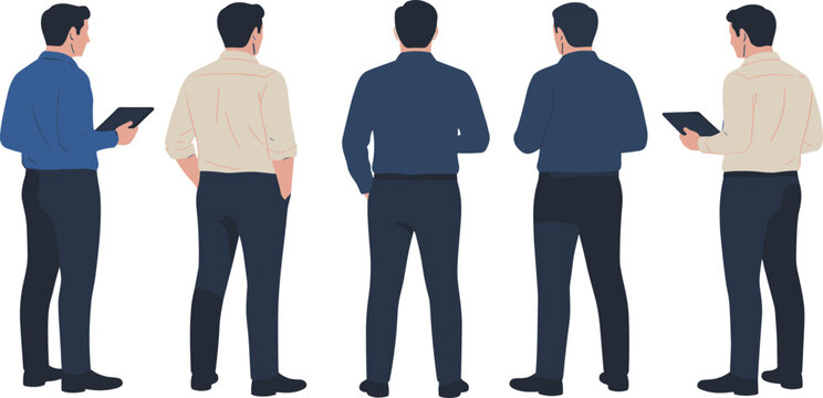 Men in professional business attire seen from rear and side profile views holding digital tablets flat vector character set