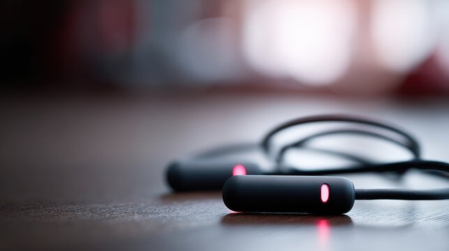 Smart skipping rope with LED display, fitness technology, gym floor background