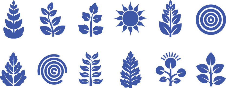Collection of stylized blue plant and sun icons in various symmetrical designs