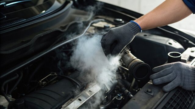 A mechanic wearing gloves inspects a car engine emitting smoke, indicating an overheating or mechanical issue under the open hood.