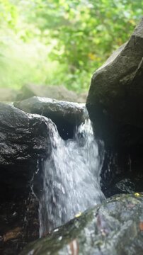 Tranquil Forest Waterfall Flowing Over Rocks With Soft Sunlight and Lush Greenery, peaceful nature vertical background. Flowing Mountain Stream Over Rocks Through Tropical Forest With Lush Green Folia