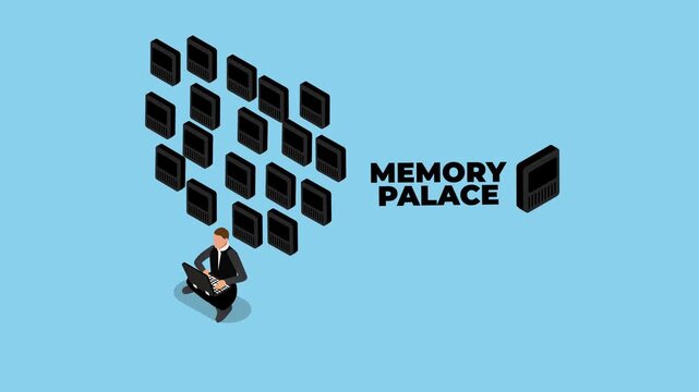 Man Using the Memory Palace Mnemonic Technique for Data Storage and Mental Recall 3d animation cartoon