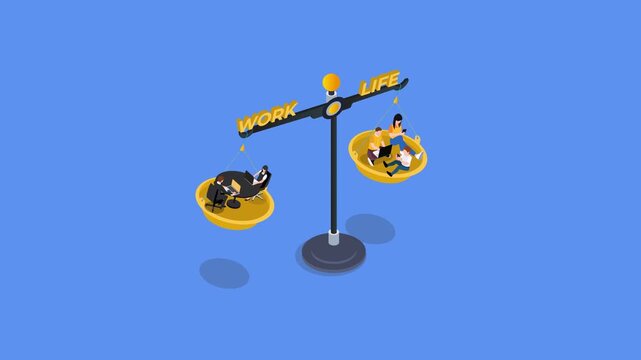 Work Life Balance Concept with Isometric People on Scales Representing Mental Health and Career Harmony 3d animation cartoon