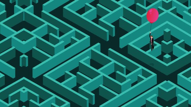 Businessman Finding a Solution and Path Out of a Complex Labyrinth Using a Red Balloon for Perspective 3d animation cartoon