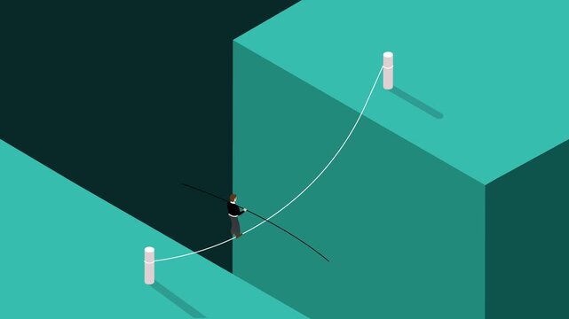 Businessman Tightrope Walking Between High Cliffs: Concept of Risk Management, Career Ambition, and Business Balance 3d animation cartoon
