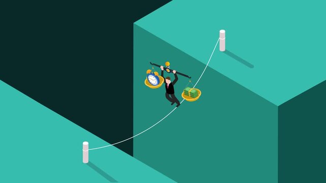 Focus: Balancing time and financial resources over a gap. 3d animation cartoon
